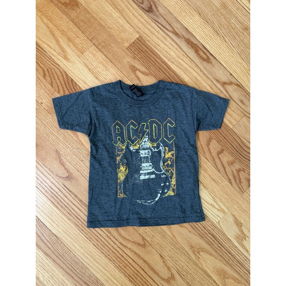 Kids AC/DC Fire and Guitar Logo Black Short Sleeve T-shirt Sz XS